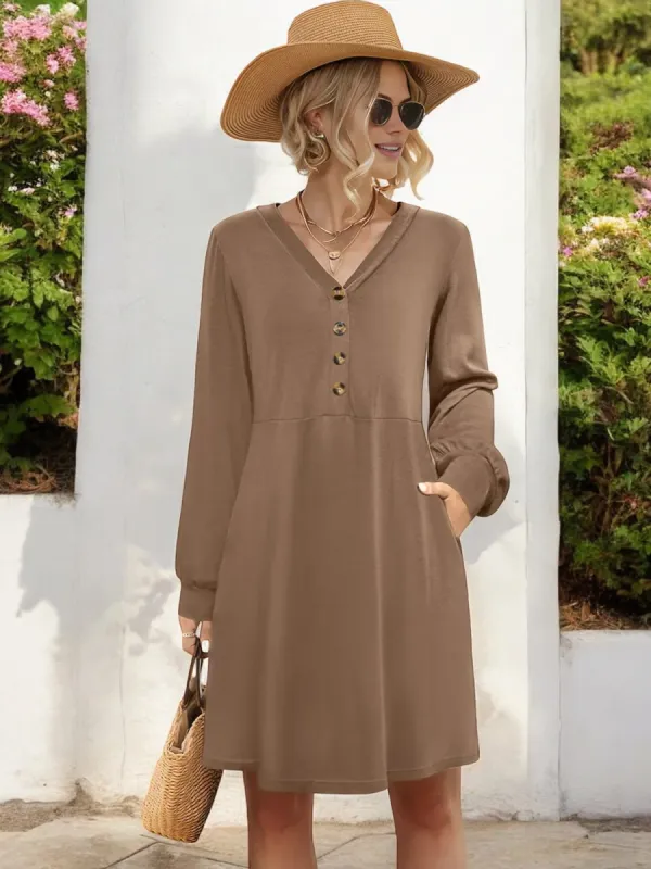 Anna-Kaci Women's V-Neck Long Sleeve Button Front Dress with Pockets and Casual Fit sold by Anna-Kaci