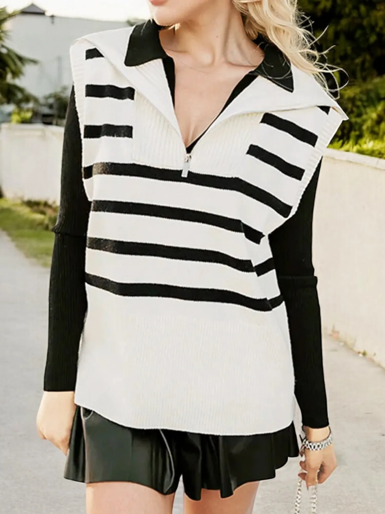 Anna-Kaci Women's Striped Knit Vest with Zipper Collar and Relaxed Fit sold by Anna-Kaci product image thumbnail 4