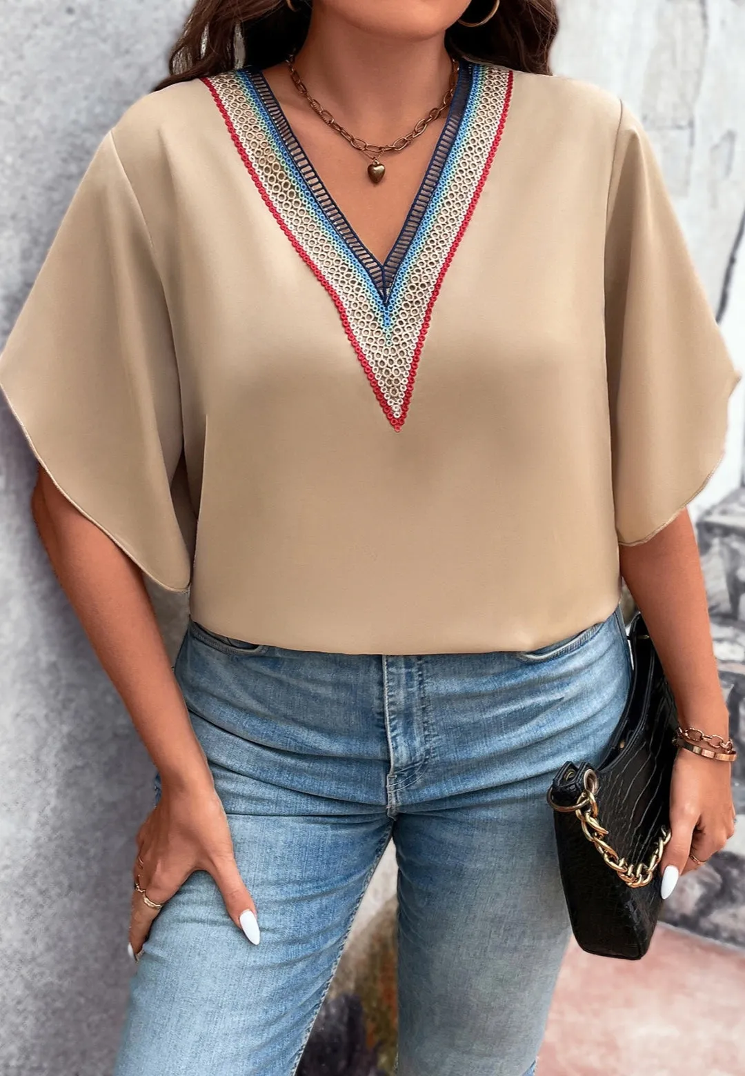 Plus Multicolor Crochet Trim V Neck Blouse sold by Anna-Kaci product image thumbnail 5