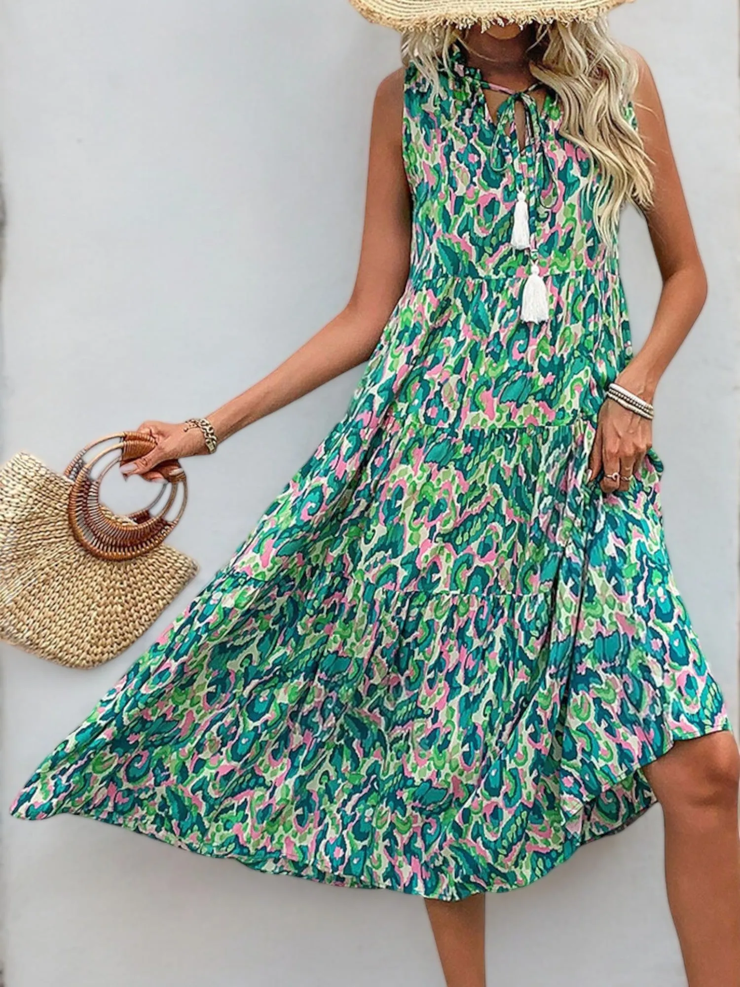 Sleeveless Printed Midi Dress with Tassel Tie Neck and Flowy Fit sold by Anna-Kaci product image thumbnail 3