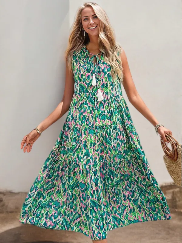 Sleeveless Printed Midi Dress with Tassel Tie Neck and Flowy Fit sold by Anna-Kaci