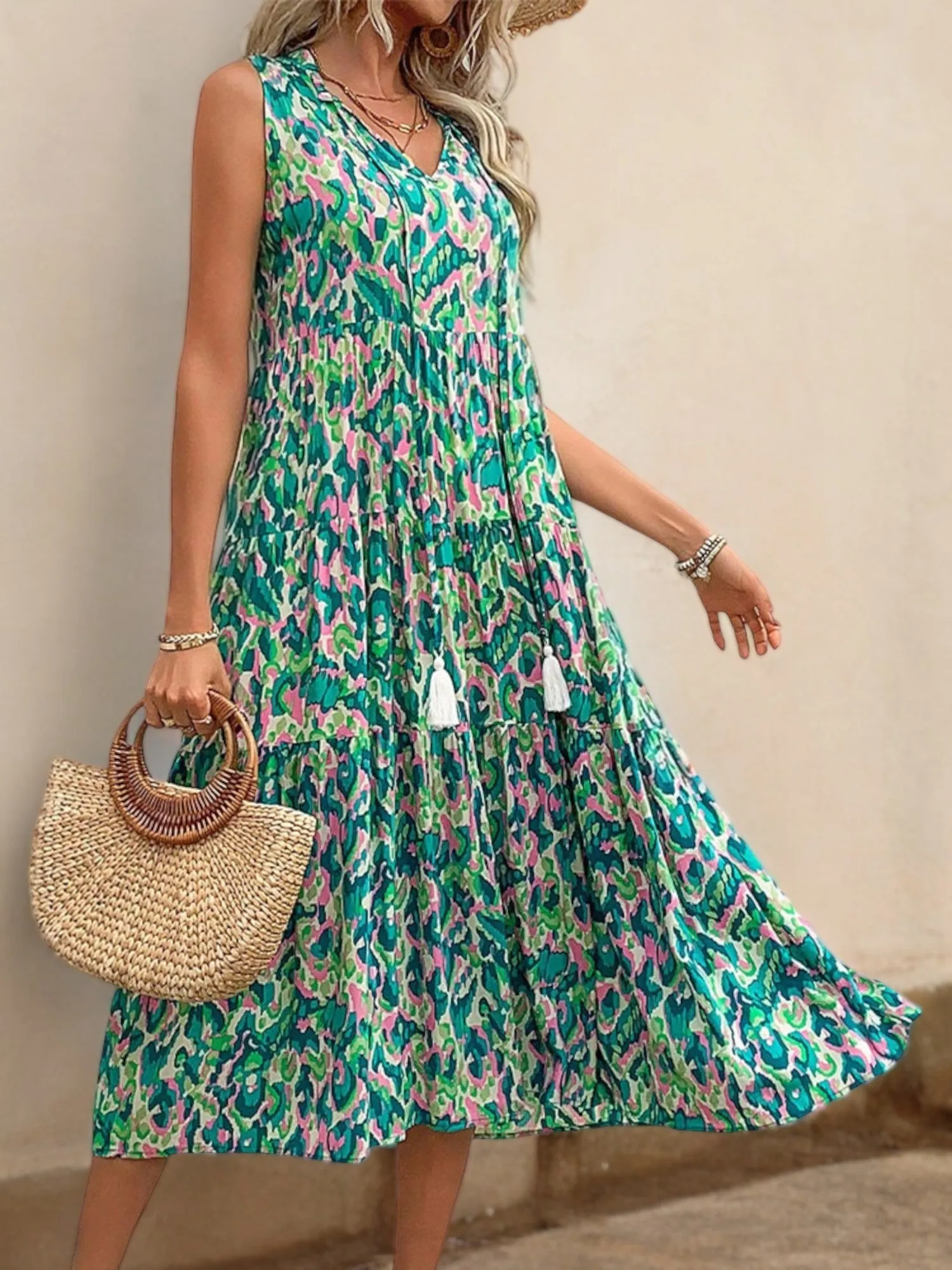 Sleeveless Printed Midi Dress with Tassel Tie Neck and Flowy Fit sold by Anna-Kaci product image thumbnail 2