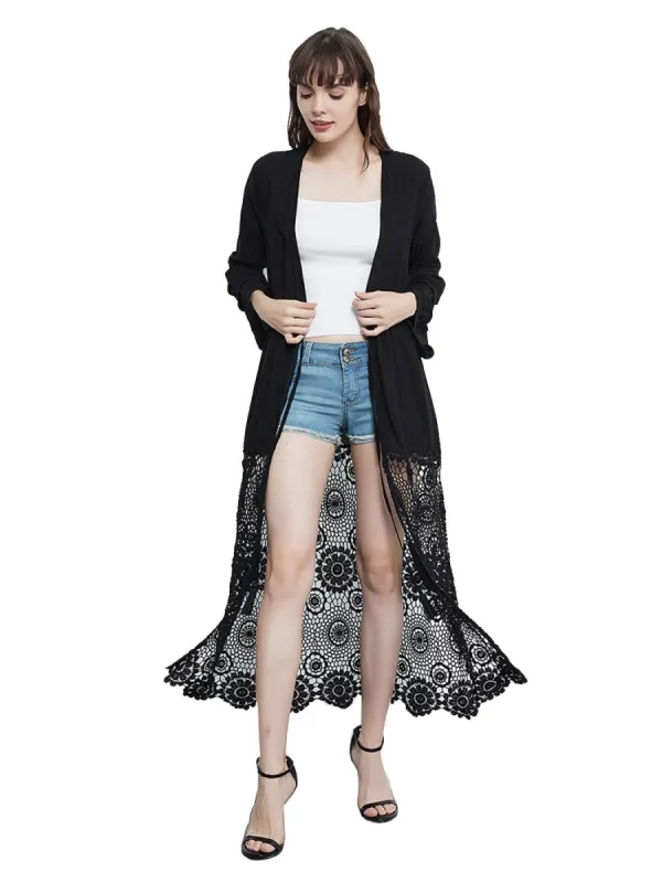 Lace Floral Crochet Embroidered Long Sleeve Drawstring Patchwork Kimono Cardigan sold by Anna-Kaci