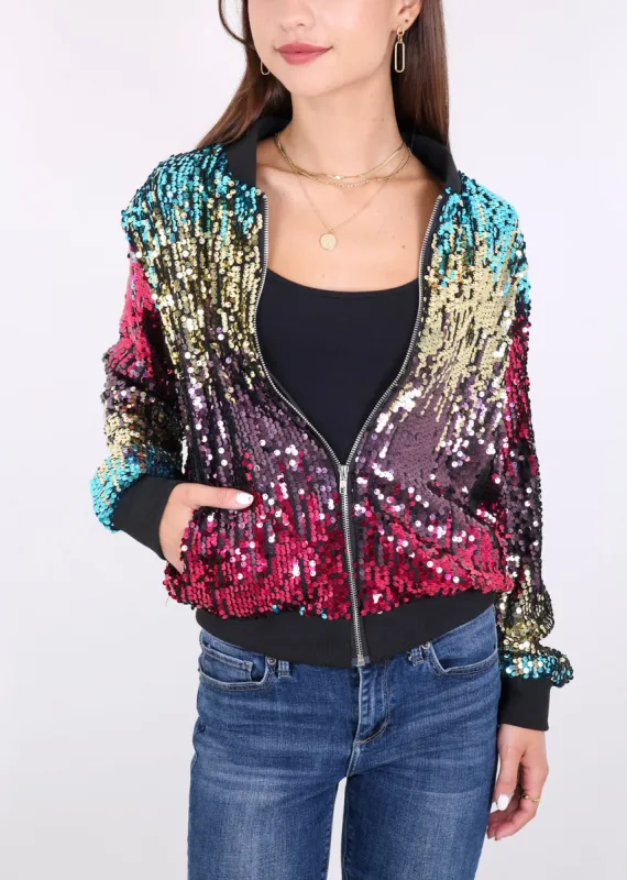 Sequin Jacket Sparkle Long Sleeve Front Zip Blazer Bomber Jacket with Pockets sold by Anna-Kaci
