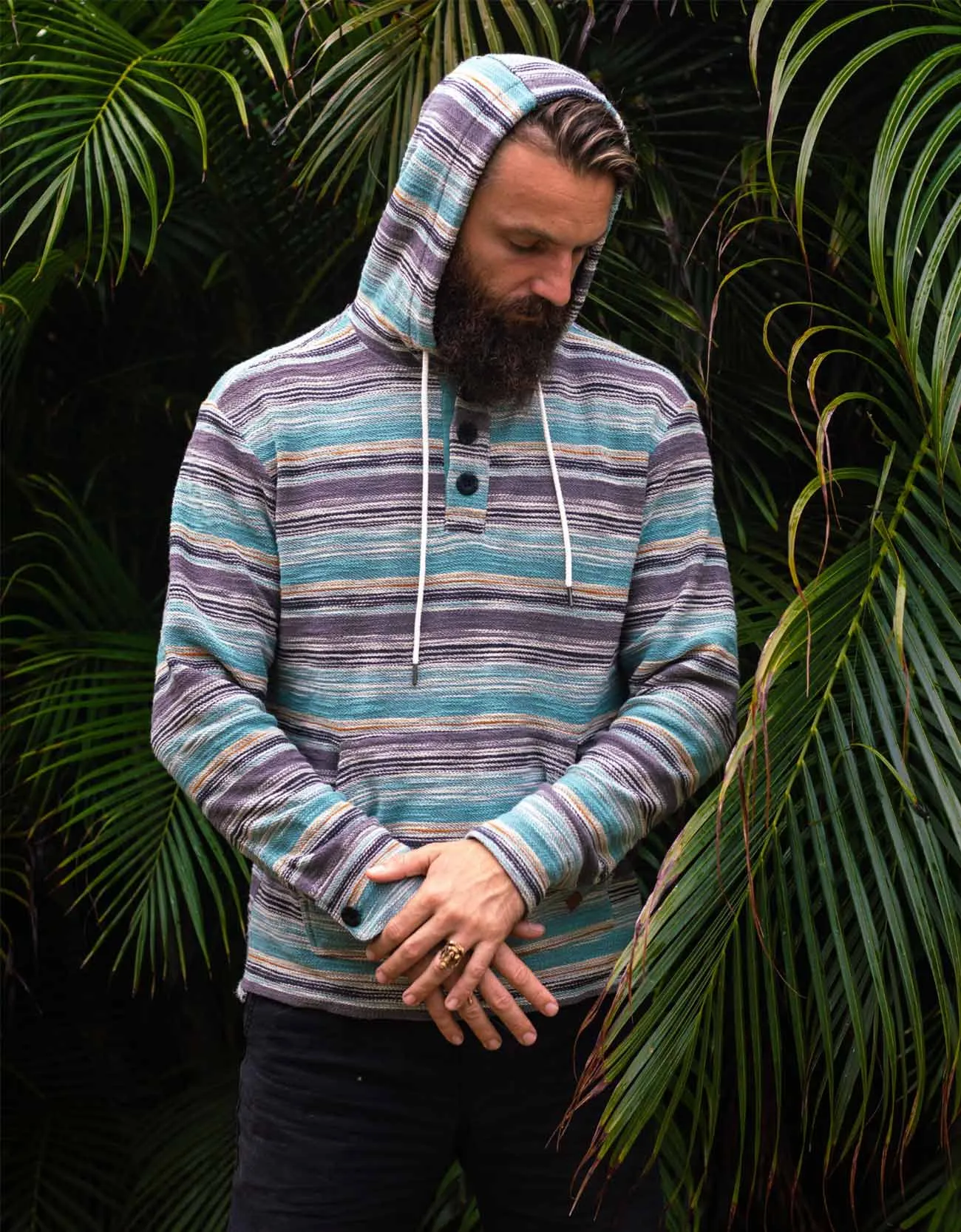 THE GREEN PAAMUL PONCHO - MID-WEIGHT FRENCH TERRY STRIPED PONCHO sold by Baja Llama product image thumbnail 2