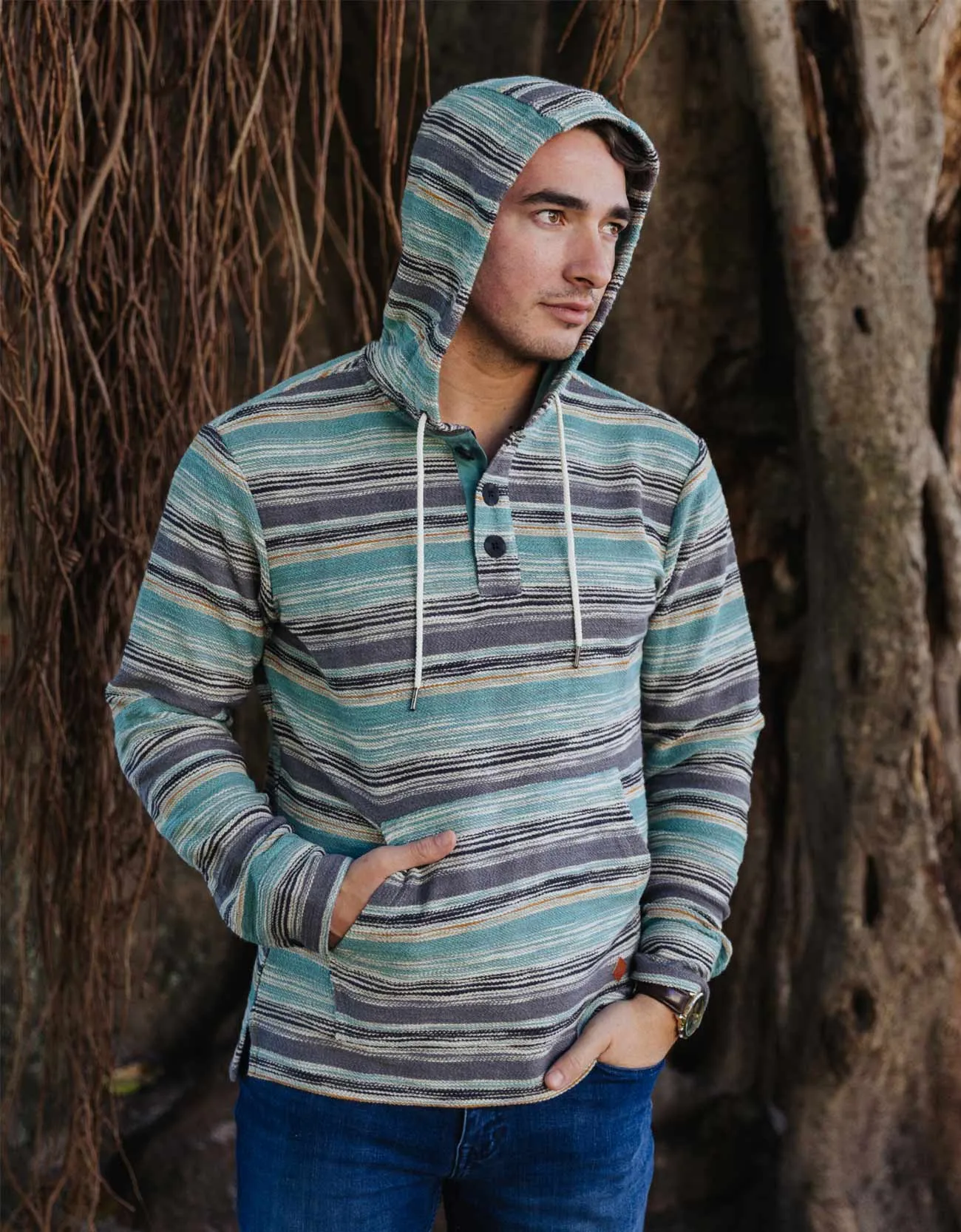 THE GREEN PAAMUL PONCHO - MID-WEIGHT FRENCH TERRY STRIPED PONCHO sold by Baja Llama product image thumbnail 3