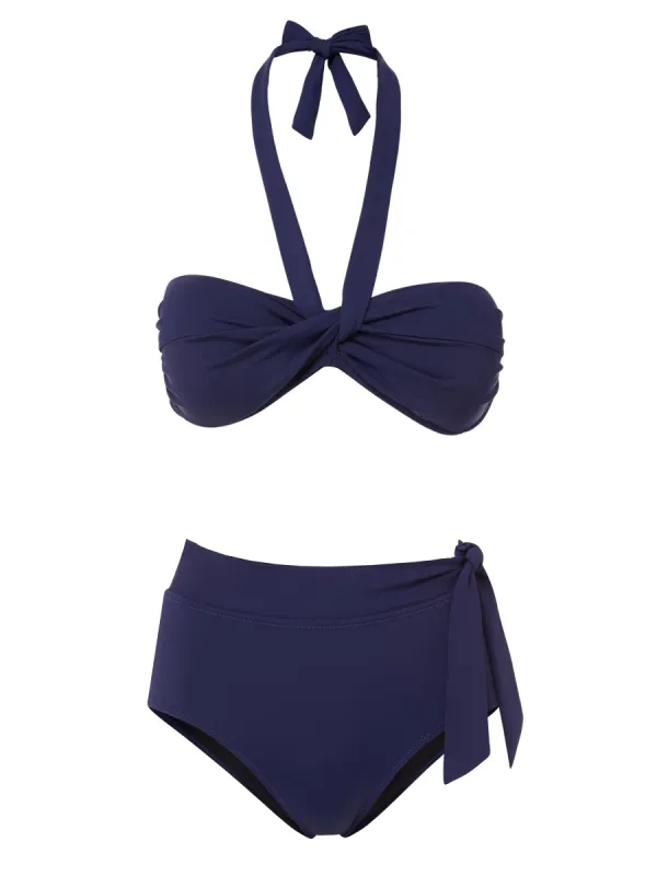 Loryn Top + Side Tie High Waist Bottom in Navy Satin sold by Change of Scenery