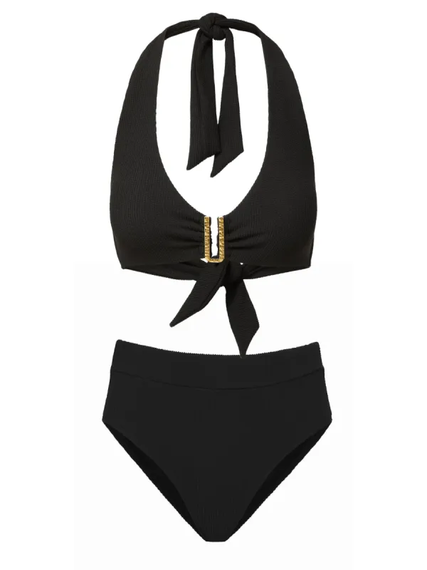 Melissa Top + Hi Waist Hi Leg Bottom in Black Texture sold by Change of Scenery