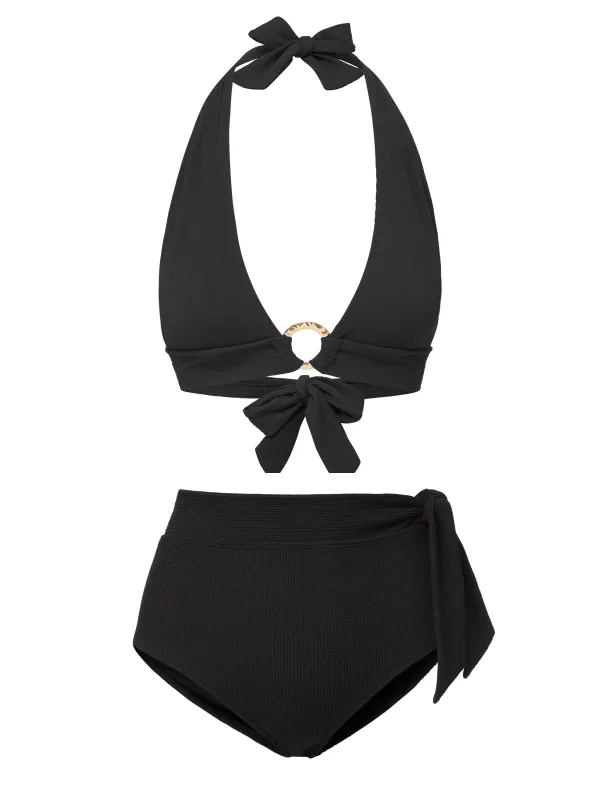 Erin Top + Side Tie High Waist Bottom In Black Texture sold by Change of Scenery