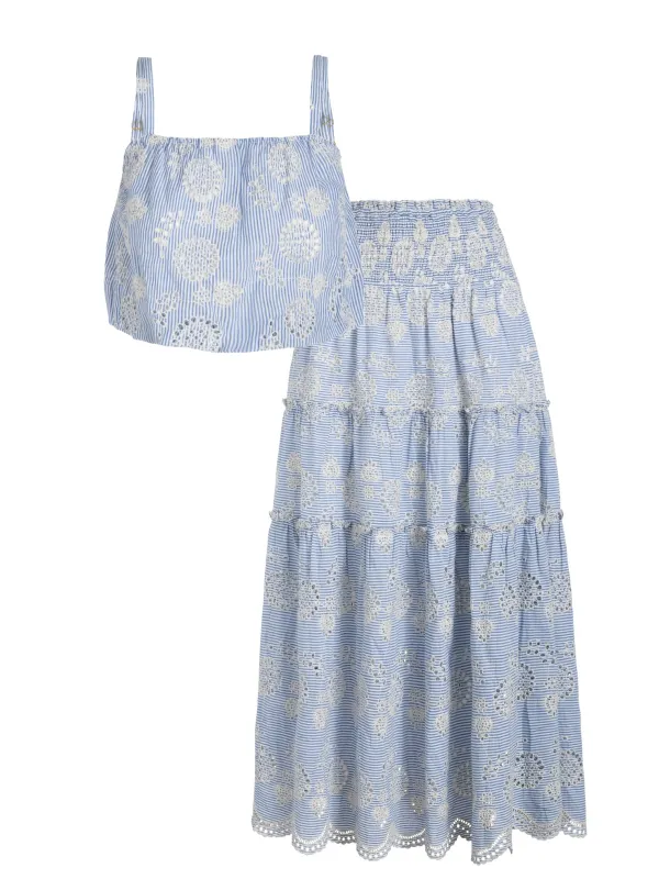Dani Top + Charlie Skirt Set In Sky/Natural Eyelet sold by Change of Scenery