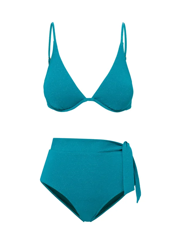 Leah Top + Side Tie High Waist Bottom in Jungle Green Metallic Pique sold by Change of Scenery