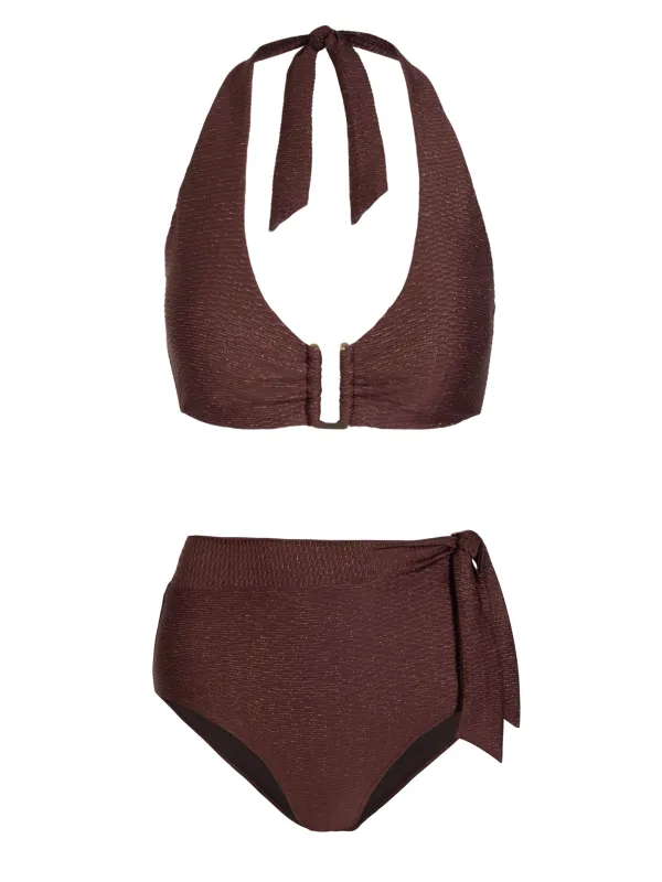 Shana Top + Side Tie High Waist Bottom In Cacao Metallic sold by Change of Scenery