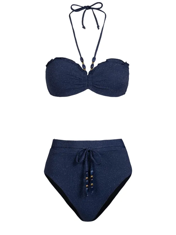 Alexis Top + Belted Hi Leg Hi Waist Bottom In Marine Blue Metallic sold by Change of Scenery