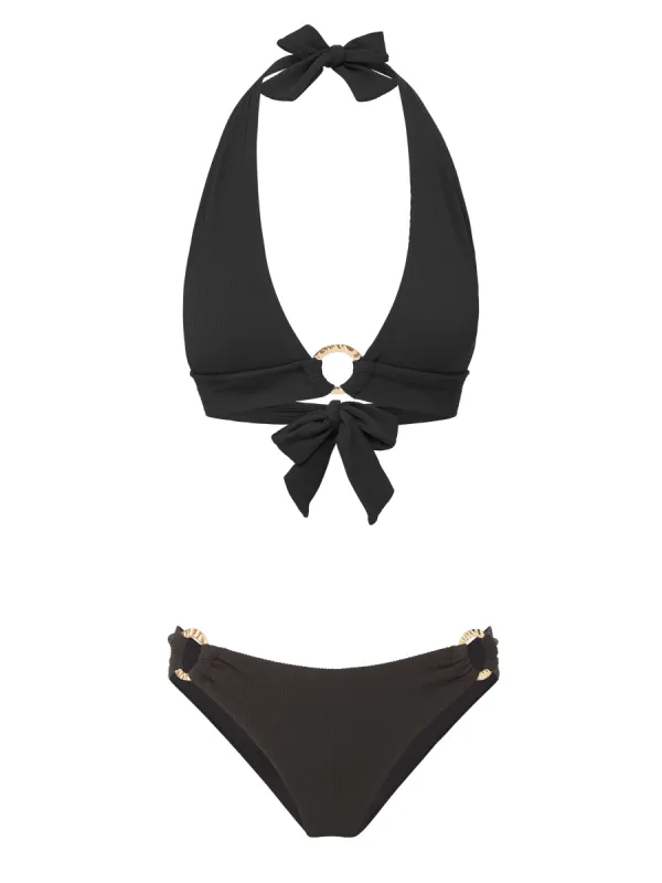 Erin Top + Ring Trim Bottom in Black Texture with Gold sold by Change of Scenery