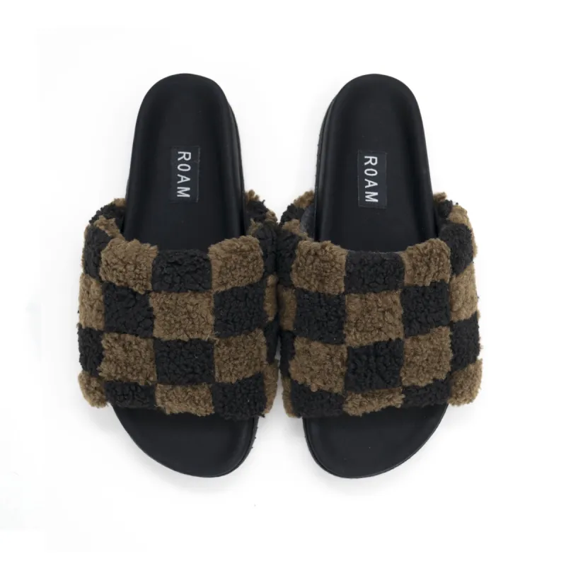 ROAM FUZZY CHECKER SLIDER BLACK & TAUPE FAUX SHEARLING sold by ROAM