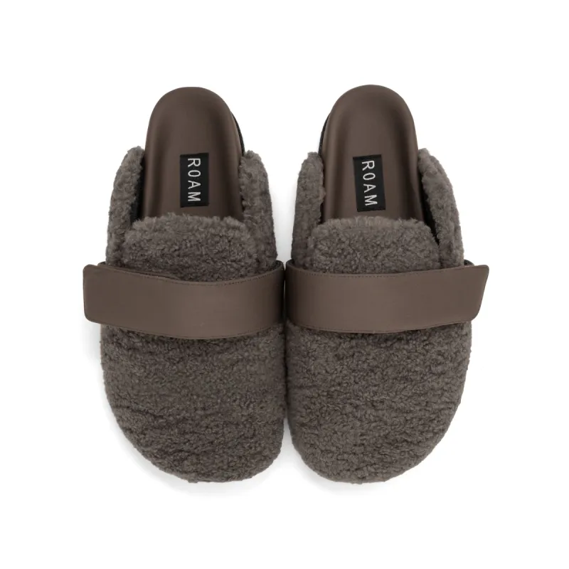 ROAM FUZZY LOAFER MULE TAUPE FAUX SHEARLING sold by ROAM
