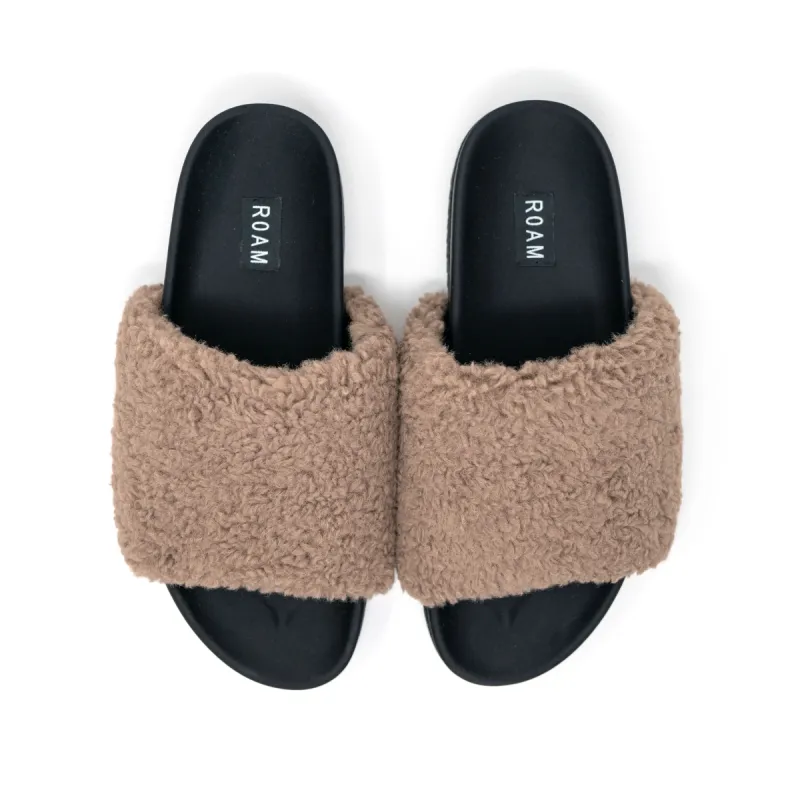 ROAM MEN'S FUZZY SLIDER SLIPPERS TAUPE FAUX SHEARLING sold by ROAM