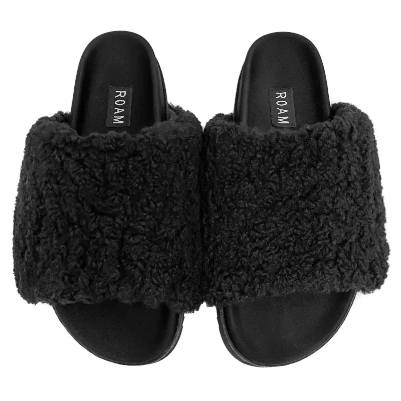 ROAM Fuzzy Slippers Black Faux Shearling sold by ROAM