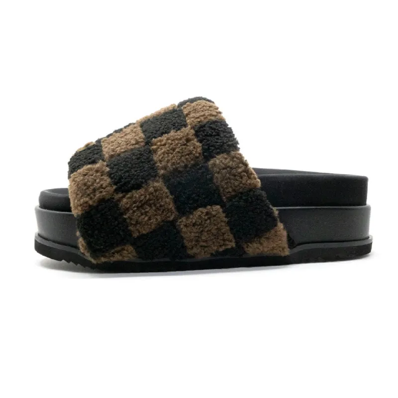 ROAM FUZZY CHECKER STACK PLATFORM BLACK & TAUPE FAUX SHEARLING sold by ROAM