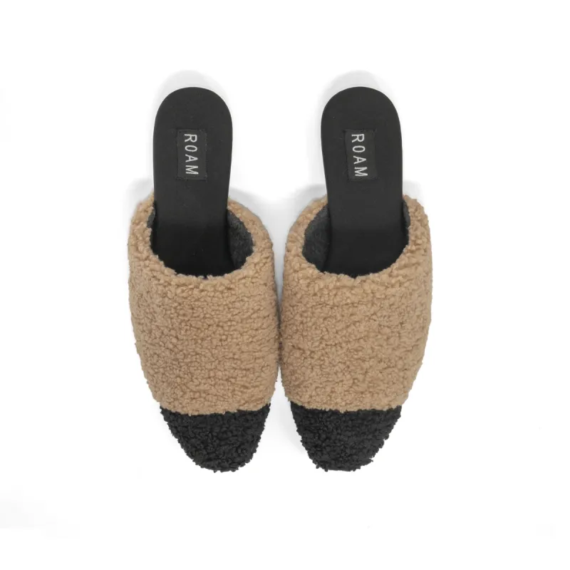 ROAM FUZZY CAP MULE BEIGE & BLACK FAUX SHEARLING -  THIN SOLE sold by ROAM