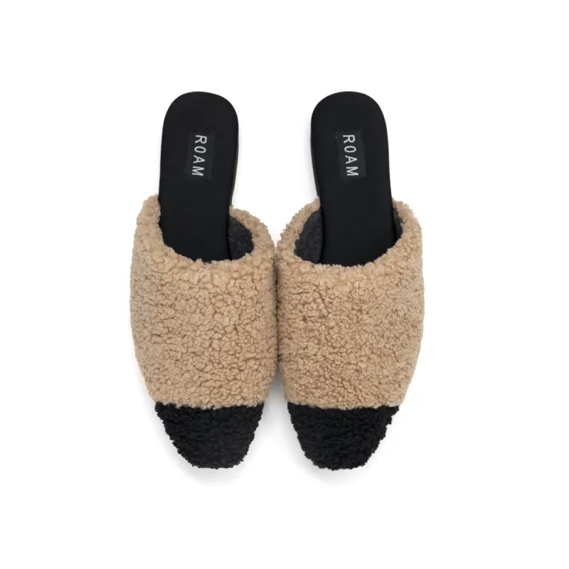 ROAM FUZZY CAP MULE BEIGE & BLACK FAUX SHEARLING sold by ROAM