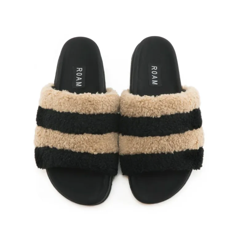 ROAM Fuzzy Prism Slippers Beige & Black Faux Shearling sold by ROAM