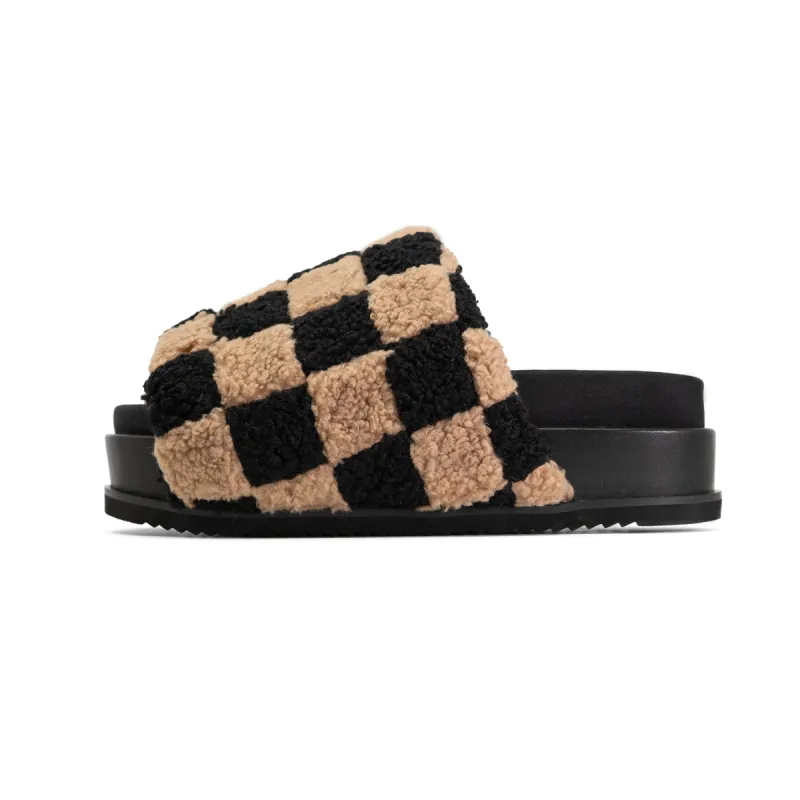 ROAM FUZZY CHECKER STACK PLATFORM  BLACK & BEIGE FAUX SHEARLING sold by ROAM