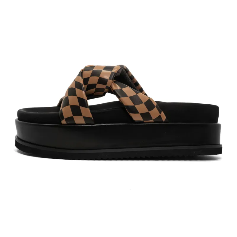 ROAM WAVY CHECK SIDE SLIP STACK PLATFORM BLACK & BEIGE VEGAN LEATHER sold by ROAM