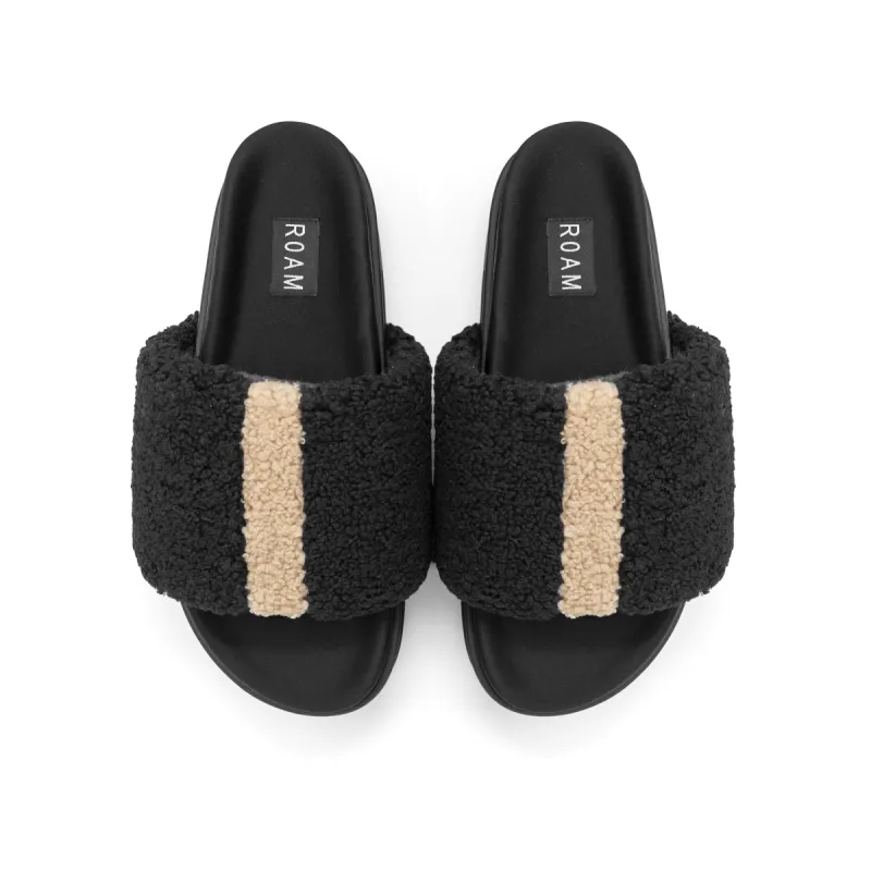 ROAM FUZZY STRIPE STACK PLATFORM BLACK & BEIGE FAUX SHEARLING sold by ROAM