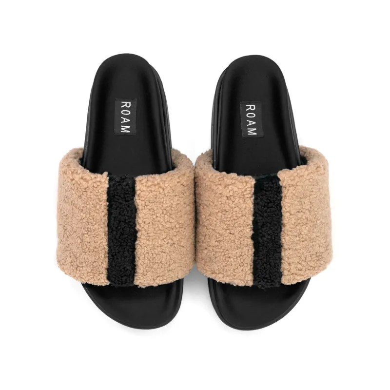 ROAM FUZZY STRIPE STACK PLATFORM BEIGE & BLACK FAUX SHEARLING sold by ROAM