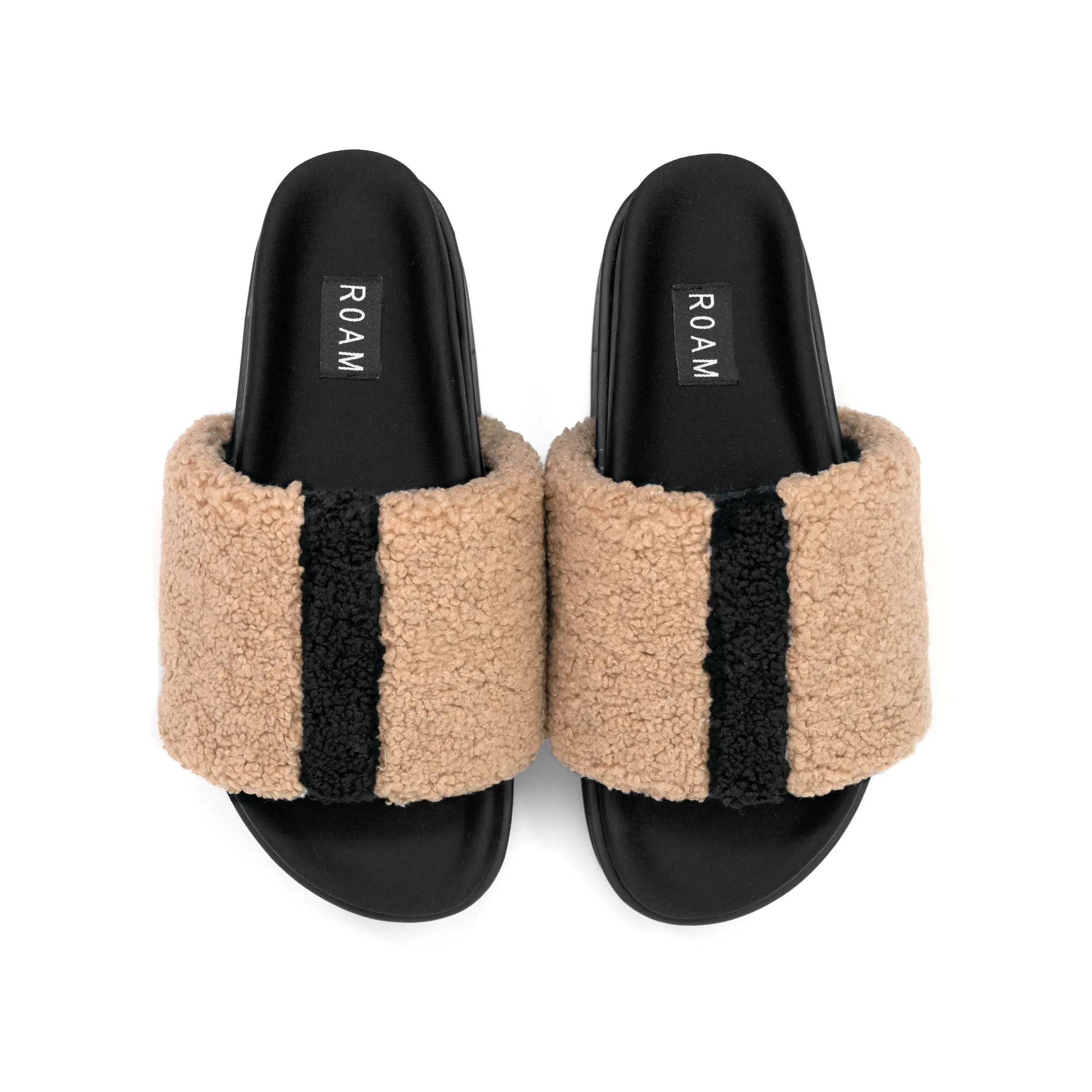 ROAM FUZZY STRIPE STACK PLATFORM BEIGE & BLACK FAUX SHEARLING sold by ROAM