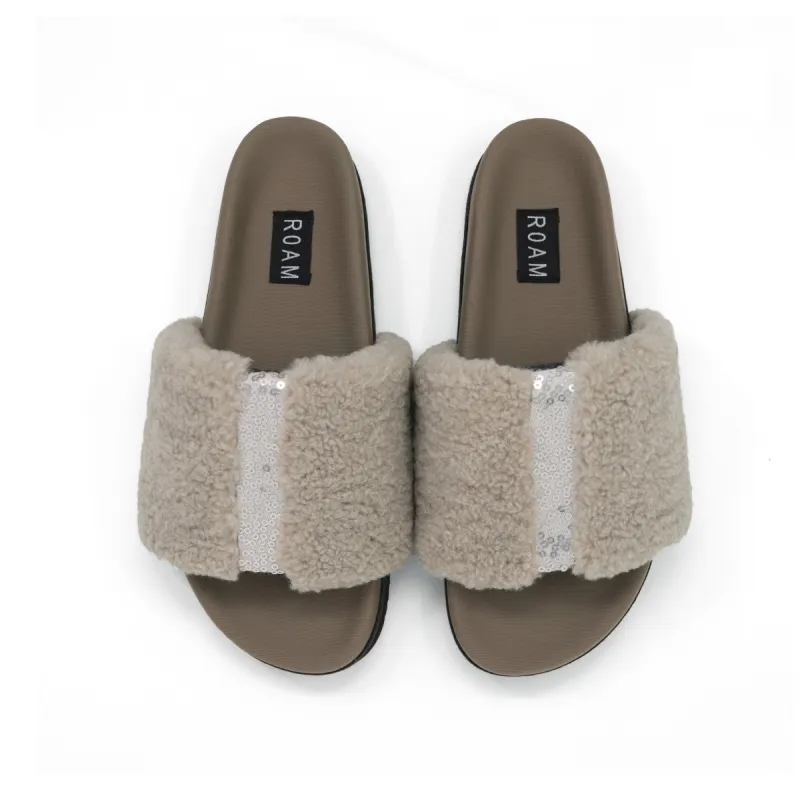FUZZY PAILLETTE SLIDER CEMENT FAUX SHEARLING sold by ROAM