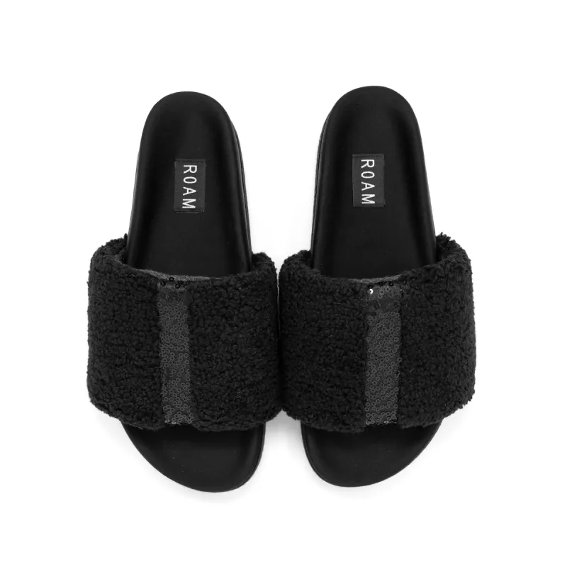 ROAM FUZZY PAILLETTE SLIDER BLACK FAUX SHEARLING sold by ROAM