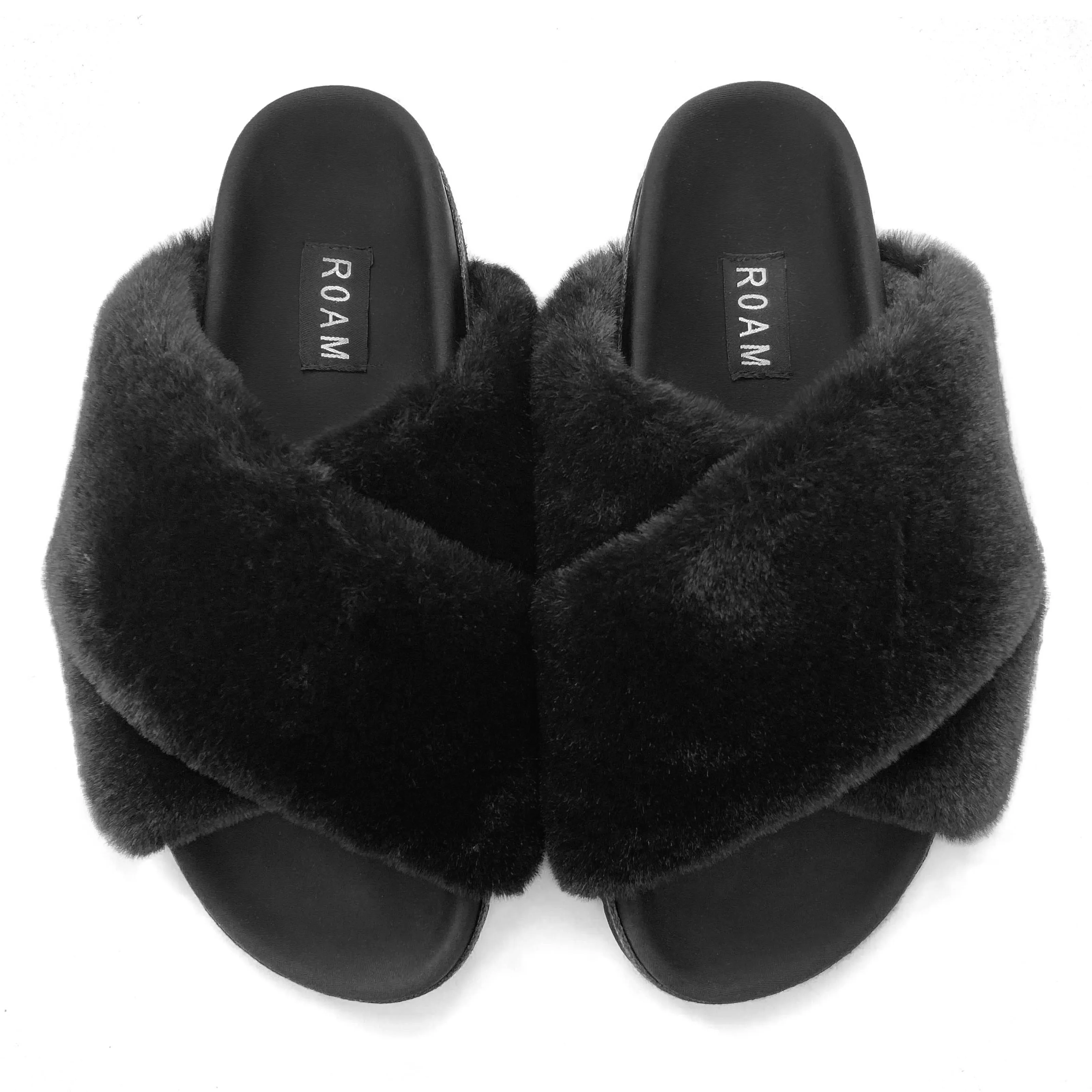 ROAM Mini Cloud Slippers Black Faux Fur sold by ROAM