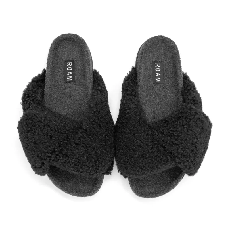 ROAM FOLDY CUSH BLACK FAUX SHEARLING SLIPPERS sold by ROAM