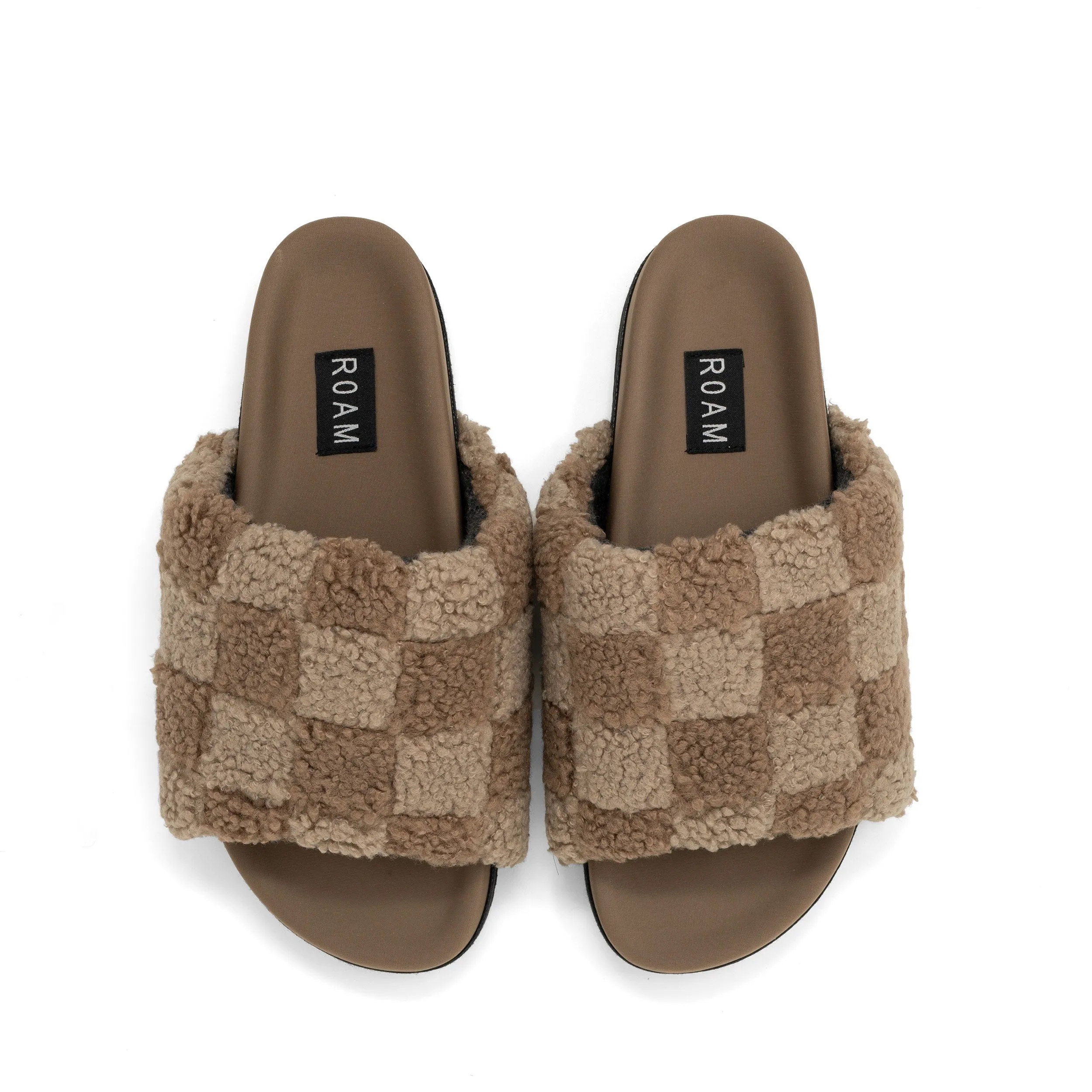 ROAM FUZZY CHECKER SLIDER BEIGE & TAUPE FAUX SHEARLING sold by ROAM