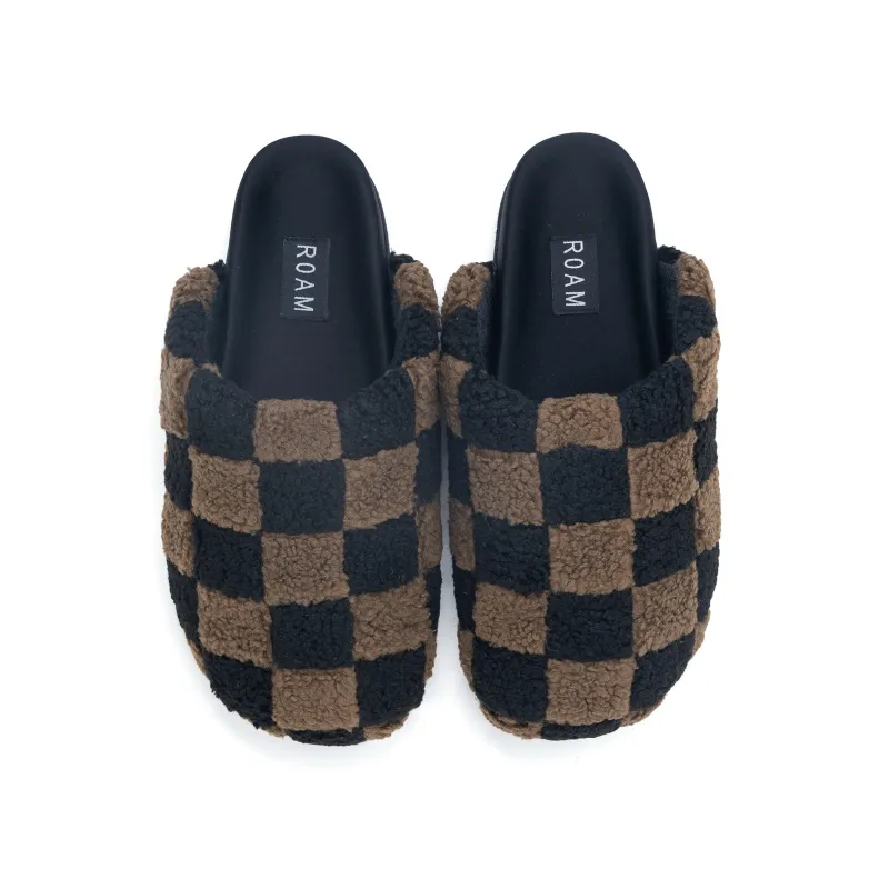 ROAM FUZZY CHECKER CLOG BLACK & TAUPE FAUX SHEARLING sold by ROAM