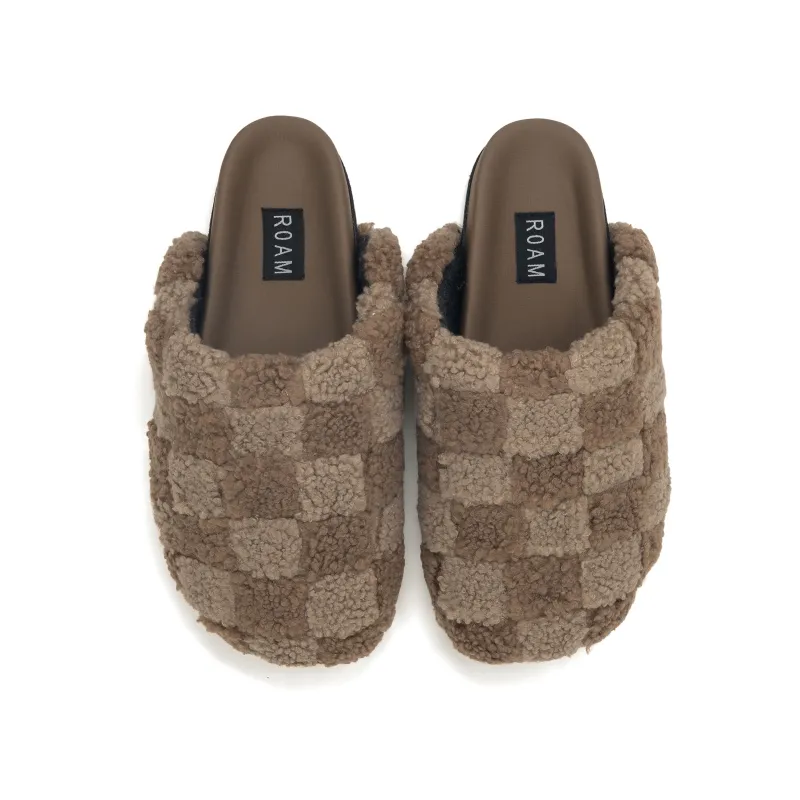 ROAM FUZZY CHECKER CLOG BEIGE & TAUPE FAUX SHEARLING sold by ROAM