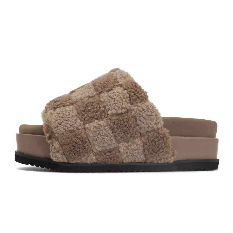 ROAM FUZZY CHECKER STACK BEIGE & TAUPE FAUX SHEARLING sold by ROAM