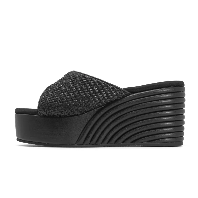 ROAM RAFFIA SCOOP MID STRATA WEDGE BLACK sold by ROAM