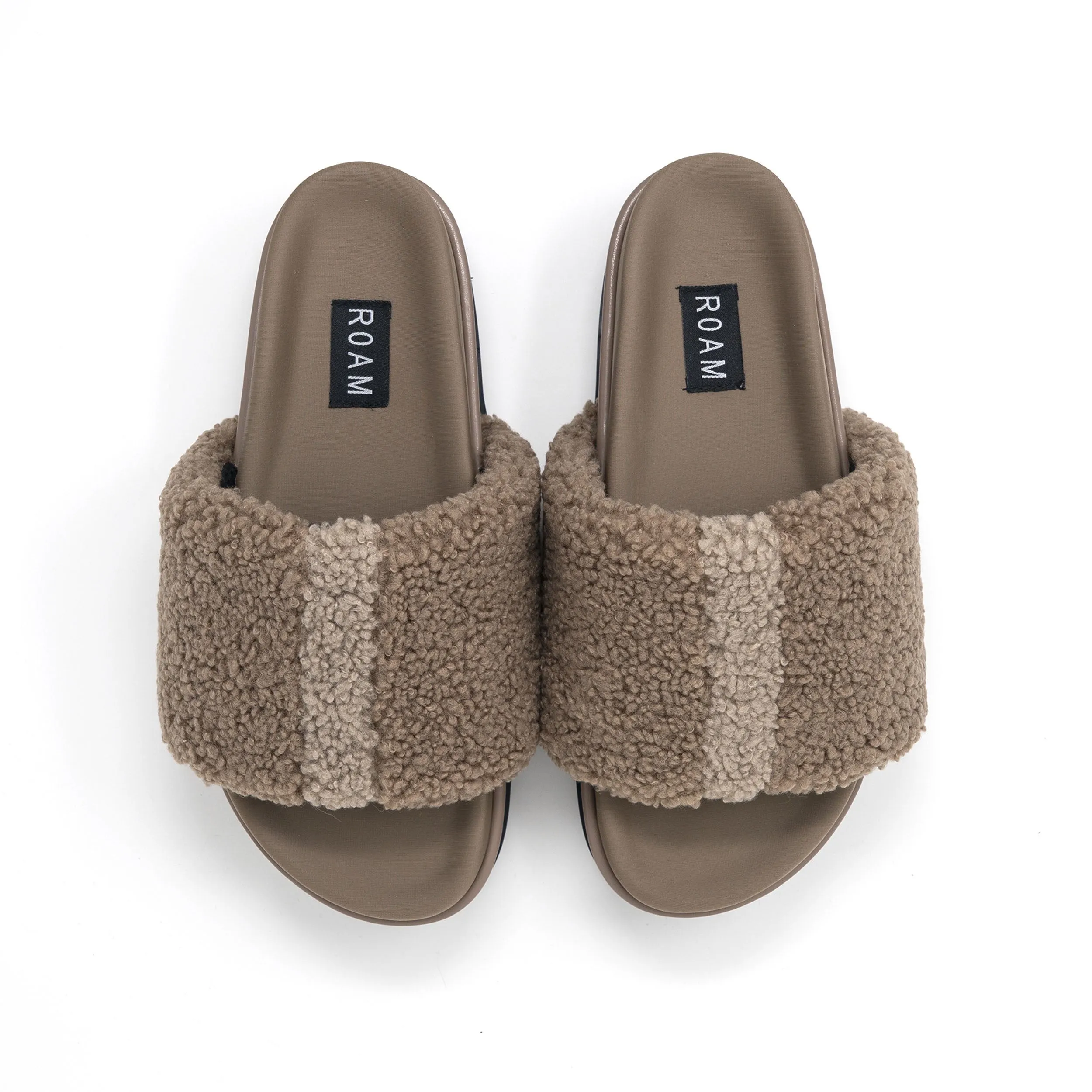 FUZZY STRIPE STACK PLATFORM TAUPE & BEIGE FAUX SHEARLING sold by ROAM