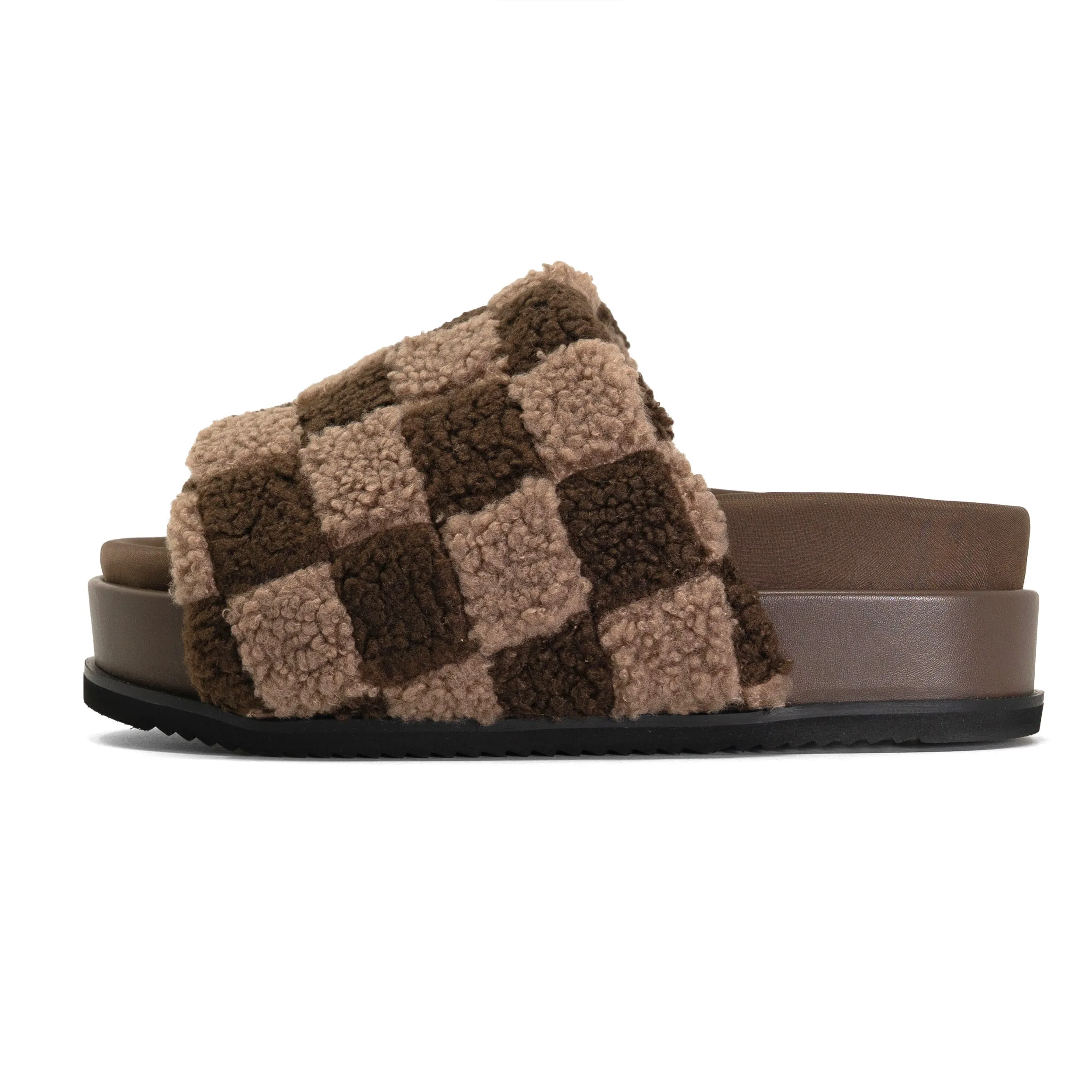 ROAM FUZZY CHECKER STACK CACAO & TAUPE FAUX SHEARLING sold by ROAM product image thumbnail 4