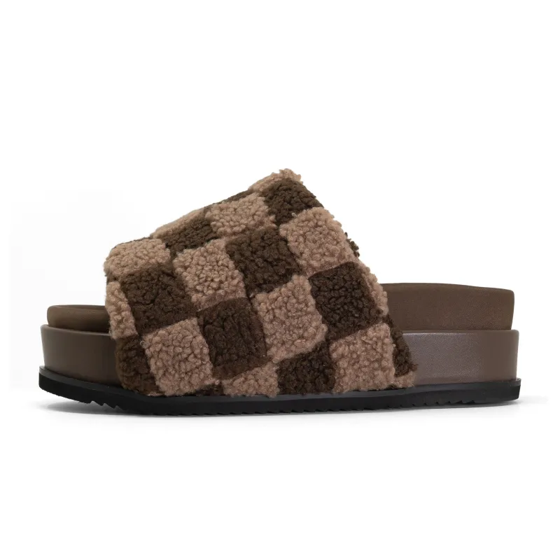 ROAM FUZZY CHECKER STACK CACAO & TAUPE FAUX SHEARLING sold by ROAM