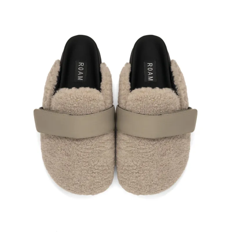 ROAM FUZZY LOAFER MULE CEMENT FAUX SHEARLING sold by ROAM