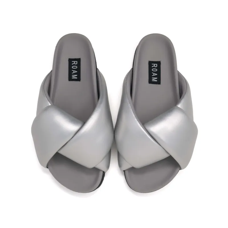 ROAM FOLDY PUFFY SANDALS SILVER TONAL VEGAN LEATHER sold by ROAM