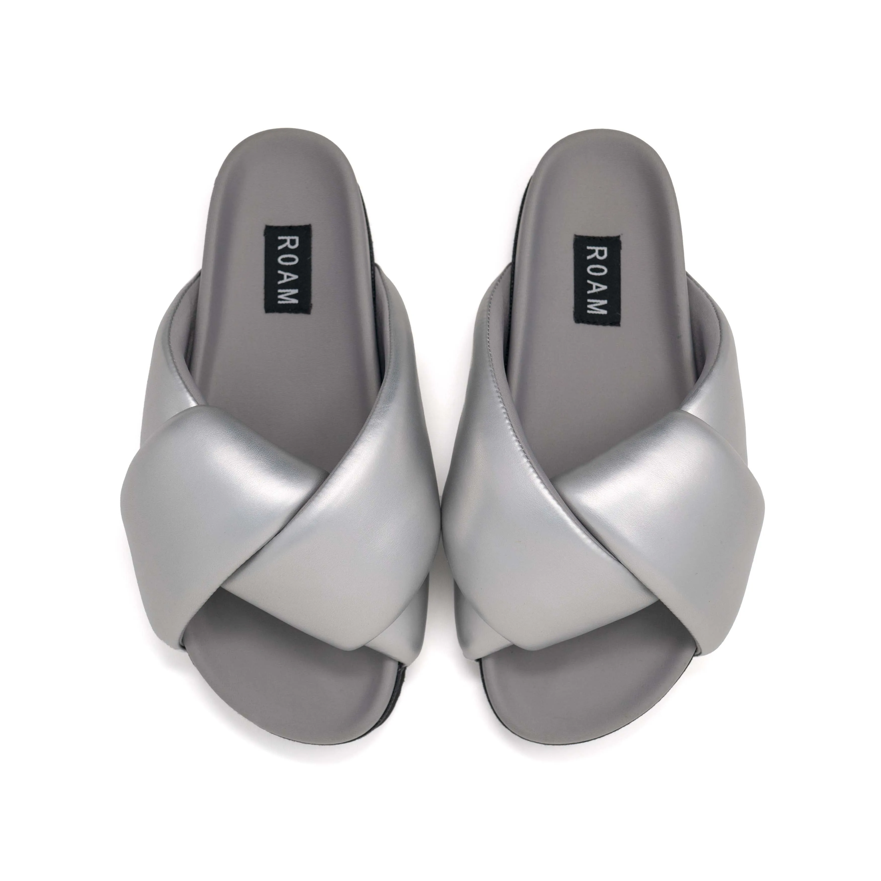 ROAM FOLDY PUFFY SANDALS SILVER TONAL VEGAN LEATHER sold by ROAM