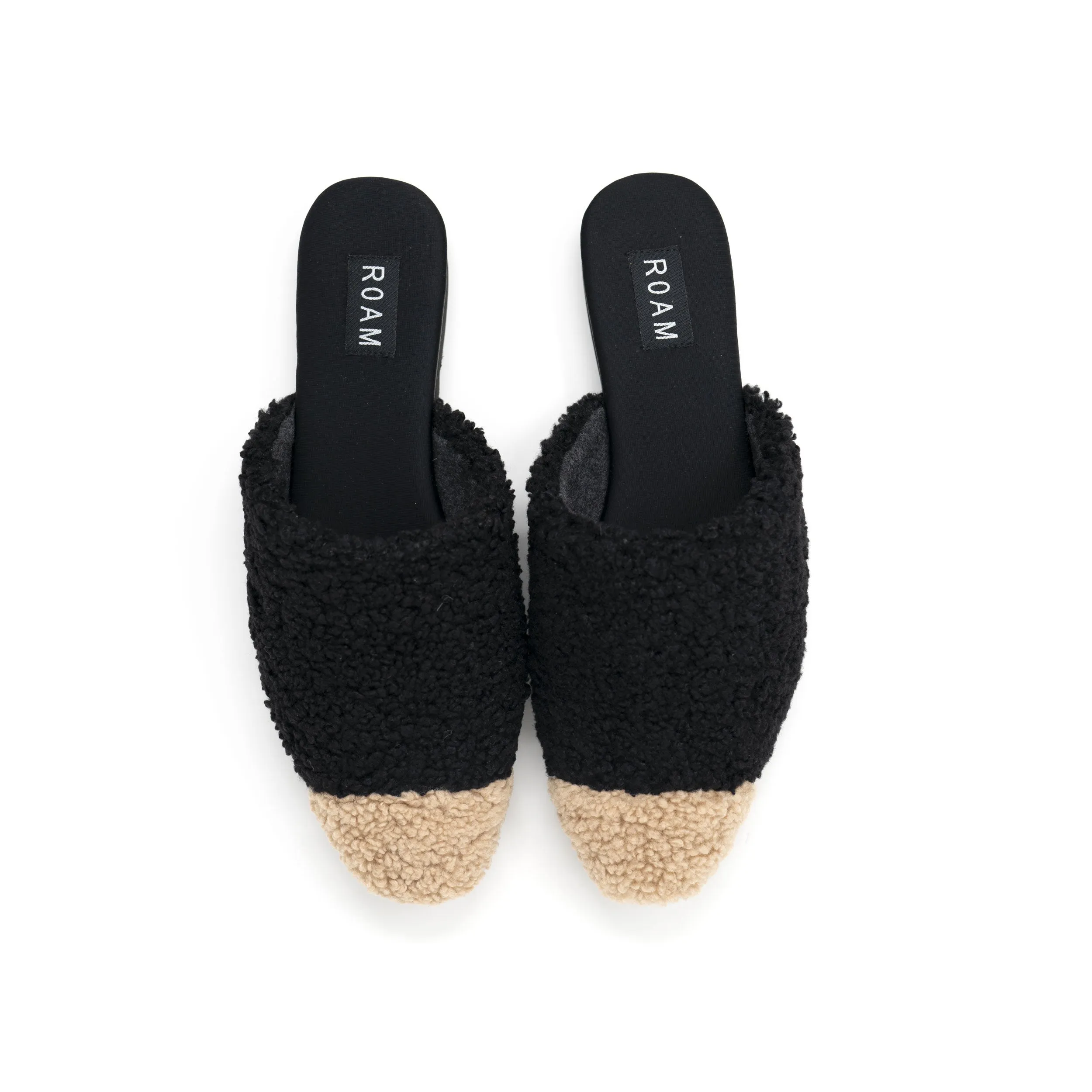ROAM FUZZY CAP MULE BLACK & BEIGE FAUX SHEARLING sold by ROAM