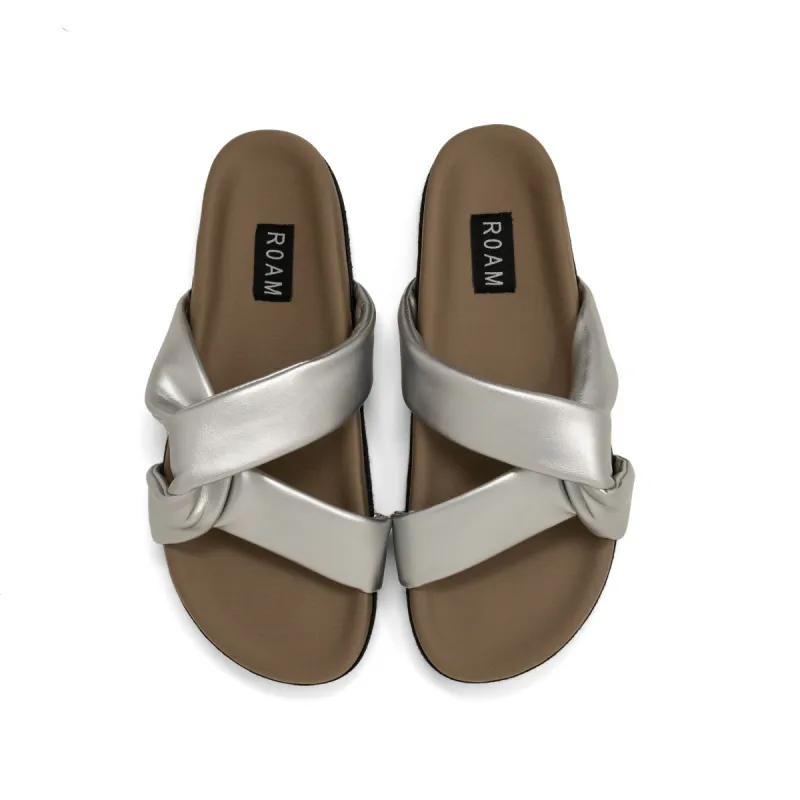 ROAM SIDE SLIP SANDAL SILVER VEGAN LEATHER sold by ROAM