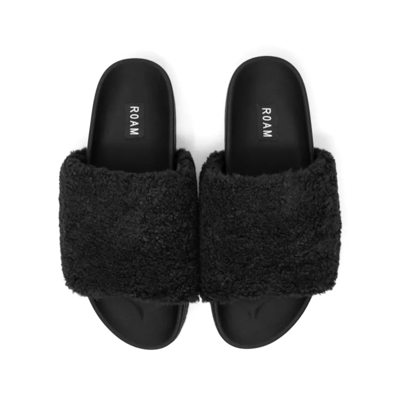 ROAM MEN'S FUZZY SLIDER SLIPPERS BLACK FAUX SHEARLING sold by ROAM
