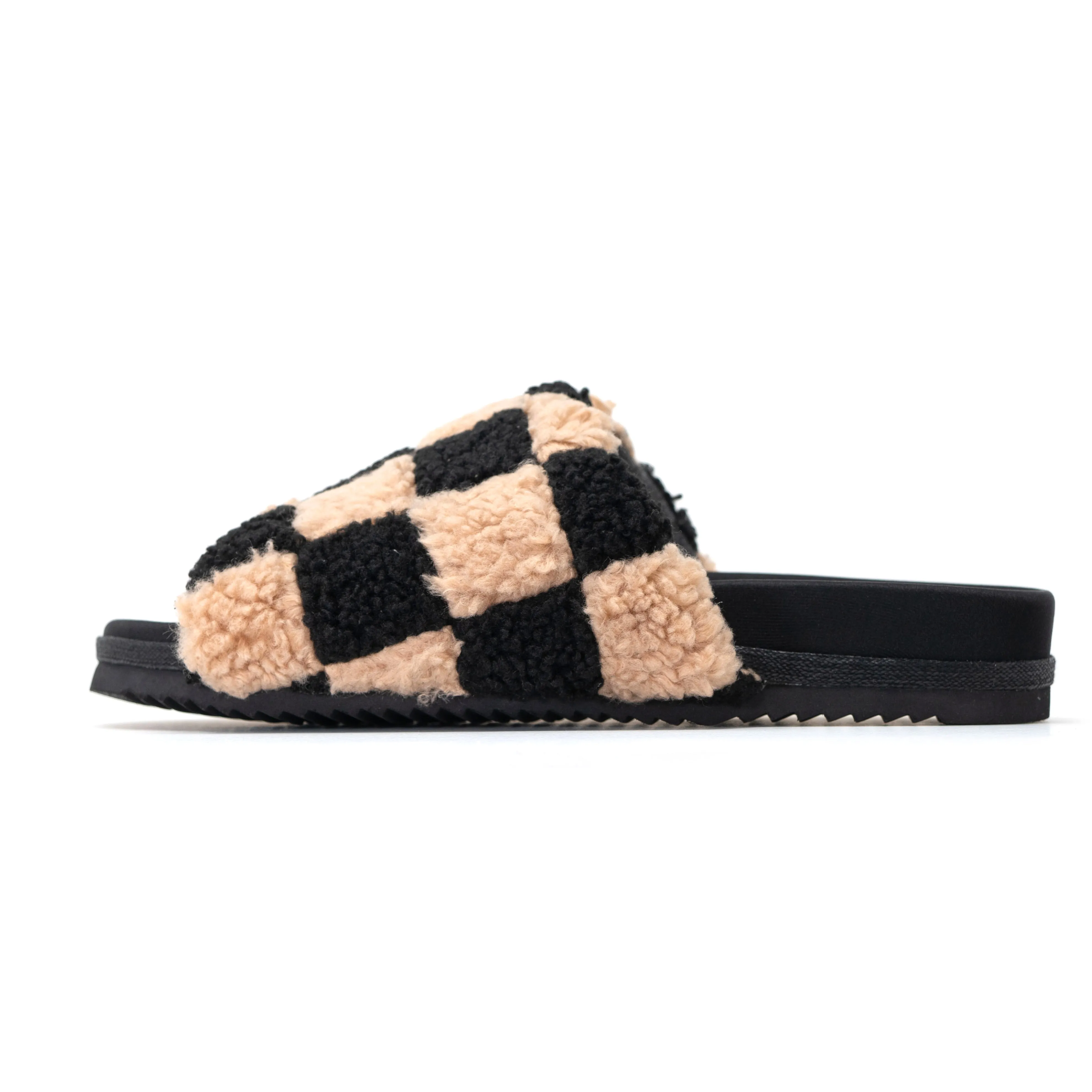 ROAM FUZZY CHECKER SLIDERS BLACK & BEIGE FAUX SHEARLING sold by ROAM product image thumbnail 5